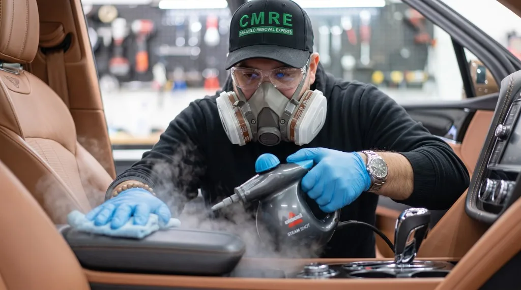 Car Mold Removal Experts technician steam cleaning a vehicle interior in Vancouver