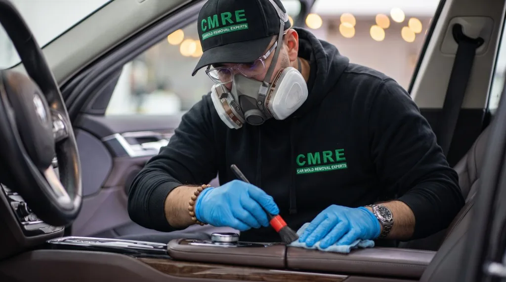 CMRE technician performing professional car mold removal on a vehicle interior in Vancouver
