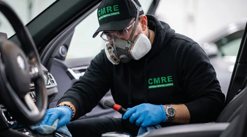 CMRE technician in respirator and gloves detailing a car interior during mold removal in Vancouver