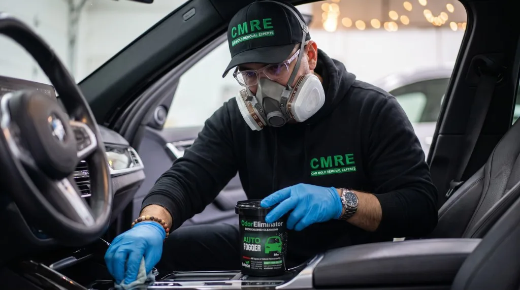 CMRE technician treating a musty mold smell in a car interior in Vancouver
