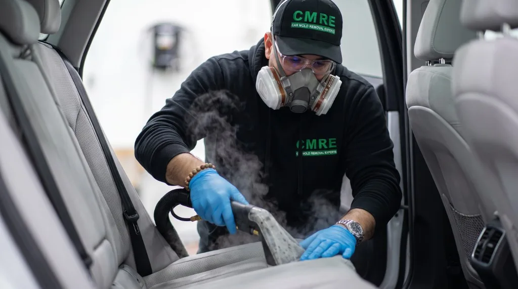CMRE technician steam extracting a water-damaged car interior during remediation in Vancouver